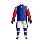 Custom Sublimated Blue, Red, and White Professional Ice Hockey Uniform Set