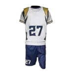 Custom Sublimated White, Navy, and Gold Athletic Lacrosse Uniform Set
